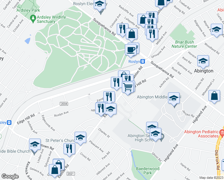 map of restaurants, bars, coffee shops, grocery stores, and more near 923 Edge Hill Road in Glenside
