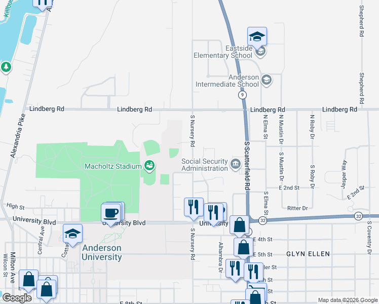 map of restaurants, bars, coffee shops, grocery stores, and more near 143 South Nursery Road in Anderson