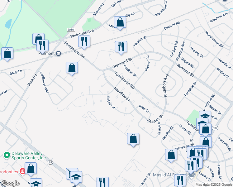 map of restaurants, bars, coffee shops, grocery stores, and more near 10842 Nandina Lane in Philadelphia
