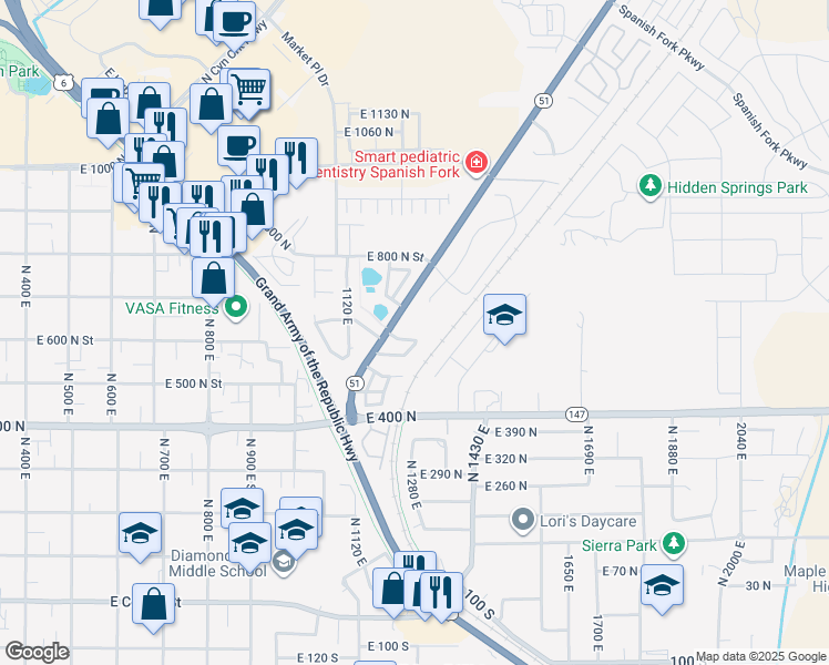 map of restaurants, bars, coffee shops, grocery stores, and more near 1238 East 680 North in Spanish Fork