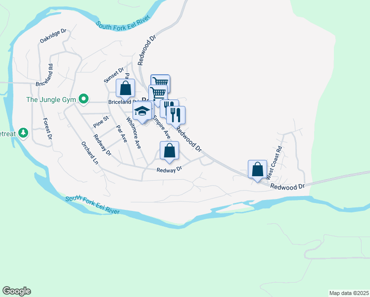 map of restaurants, bars, coffee shops, grocery stores, and more near 3188 Redwood Drive in Redway