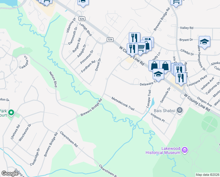 map of restaurants, bars, coffee shops, grocery stores, and more near 288 Metedeconk Trail in Jackson Township