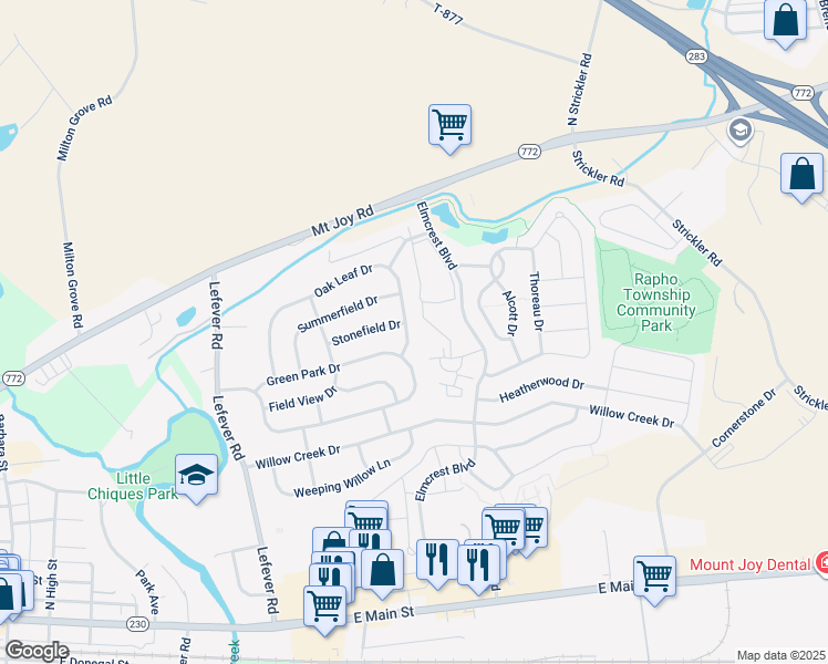 map of restaurants, bars, coffee shops, grocery stores, and more near 5371 Oak Leaf Drive in Mount Joy