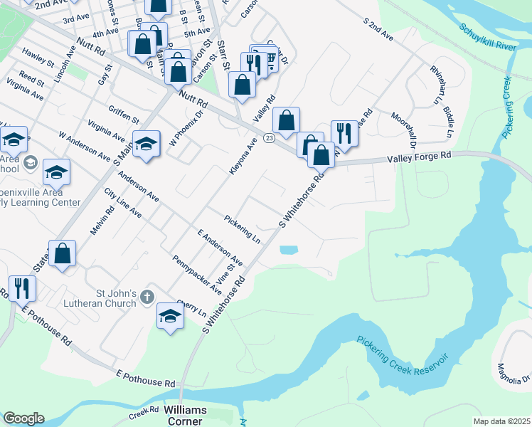 map of restaurants, bars, coffee shops, grocery stores, and more near 750 West Philip Drive in Phoenixville