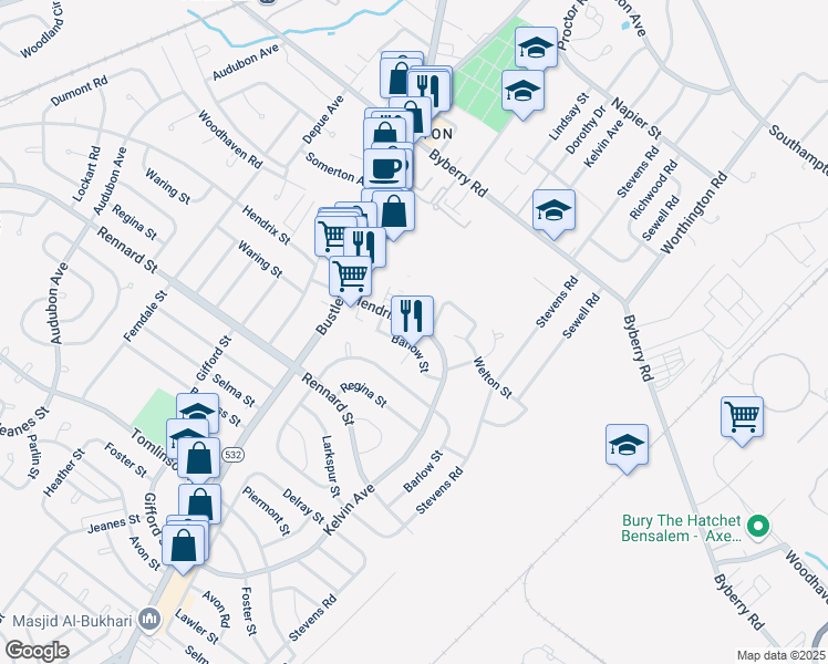 map of restaurants, bars, coffee shops, grocery stores, and more near 836 Hendrix Street in Philadelphia
