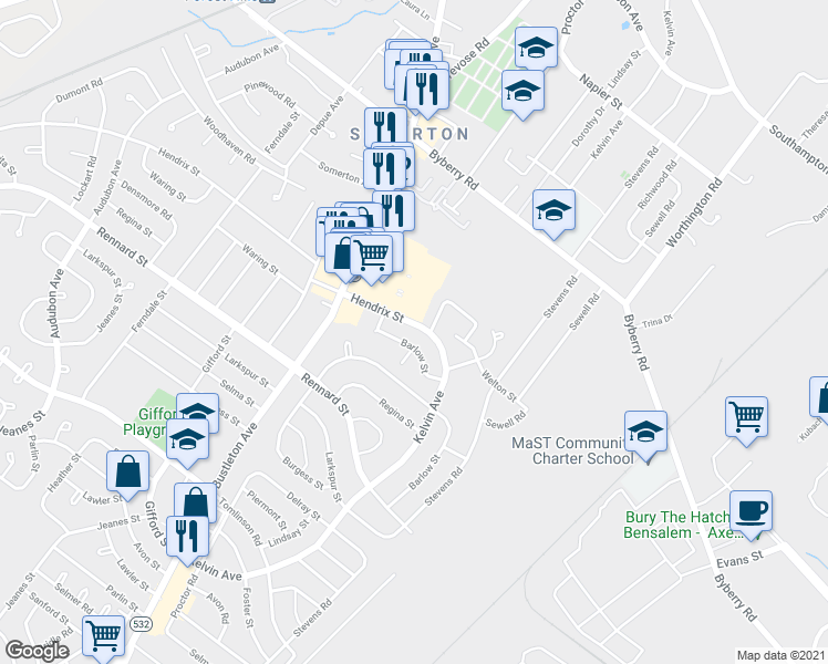 map of restaurants, bars, coffee shops, grocery stores, and more near 836 Hendrix Street in Philadelphia
