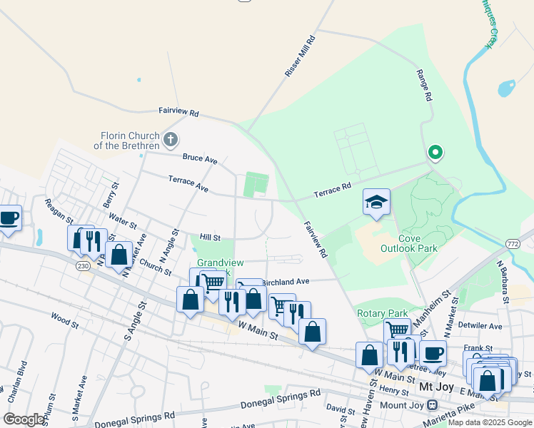 map of restaurants, bars, coffee shops, grocery stores, and more near 321 Hill Street in Mount Joy