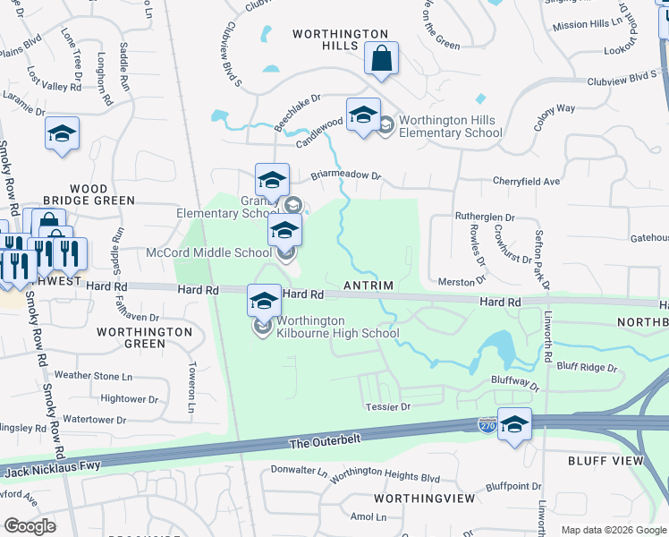 map of restaurants, bars, coffee shops, grocery stores, and more near 1250 Hard Road in Columbus