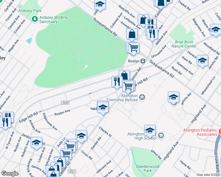 map of restaurants, bars, coffee shops, grocery stores, and more near 915 Edge Hill Road in Glenside