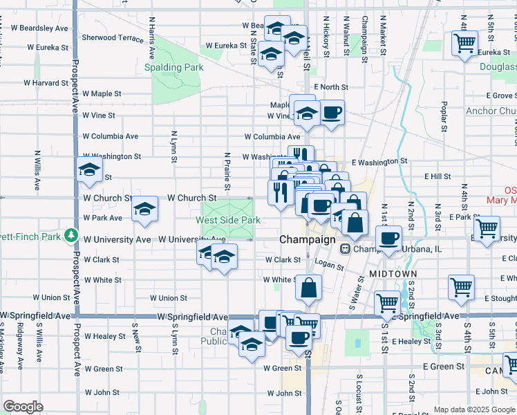 map of restaurants, bars, coffee shops, grocery stores, and more near 222 North State Street in Champaign