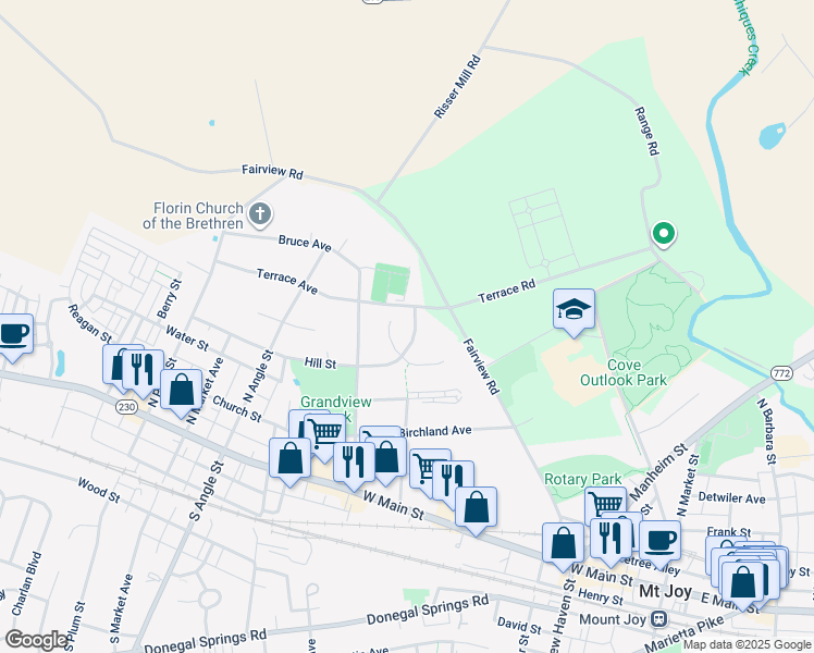 map of restaurants, bars, coffee shops, grocery stores, and more near 321 Hill Street in Mount Joy