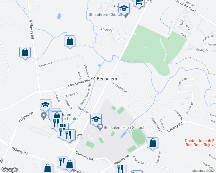 map of restaurants, bars, coffee shops, grocery stores, and more near 4741 Hulmeville Road in Bensalem