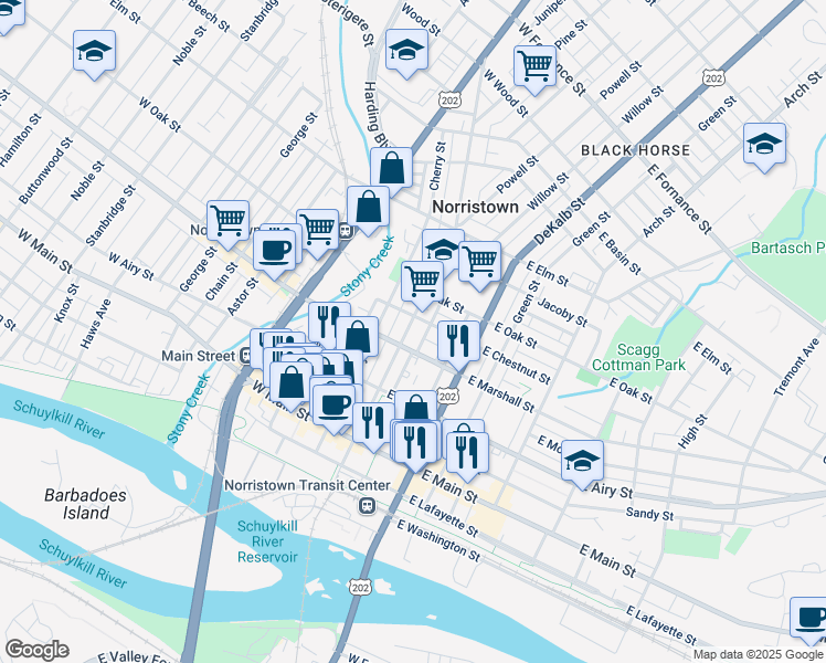 map of restaurants, bars, coffee shops, grocery stores, and more near 614 Swede Street in Norristown