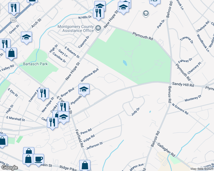 map of restaurants, bars, coffee shops, grocery stores, and more near 40 Terrace Road in Plymouth Meeting
