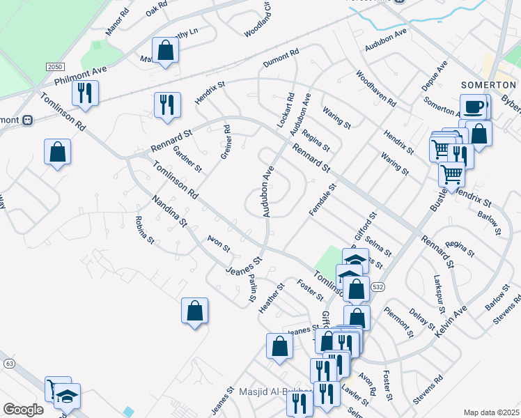 map of restaurants, bars, coffee shops, grocery stores, and more near 11106 Audubon Avenue in Philadelphia