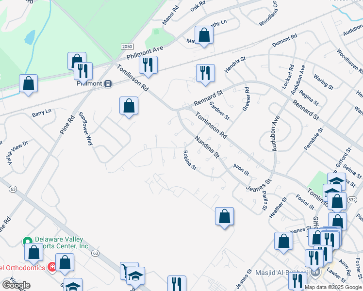 map of restaurants, bars, coffee shops, grocery stores, and more near 201 Lockart Lane in Philadelphia