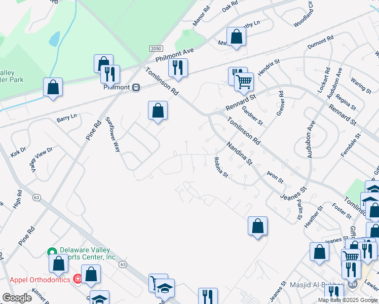 map of restaurants, bars, coffee shops, grocery stores, and more near 201 Lockart Terrace in Philadelphia