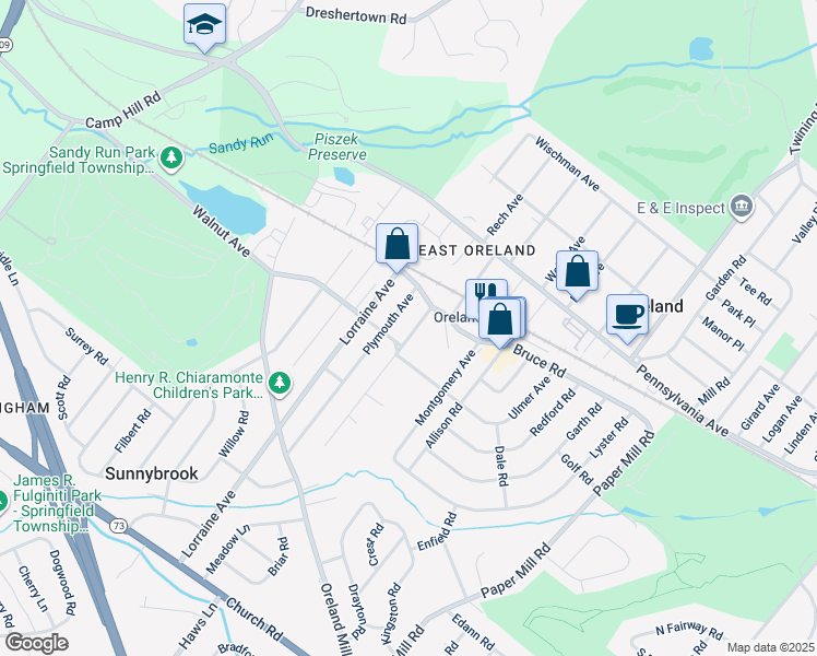 map of restaurants, bars, coffee shops, grocery stores, and more near 143 Roesch Avenue in Oreland