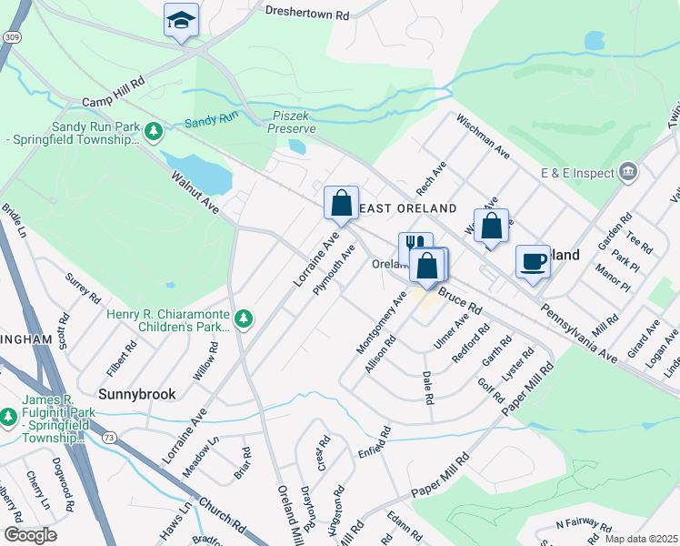 map of restaurants, bars, coffee shops, grocery stores, and more near 143 Roesch Avenue in Oreland