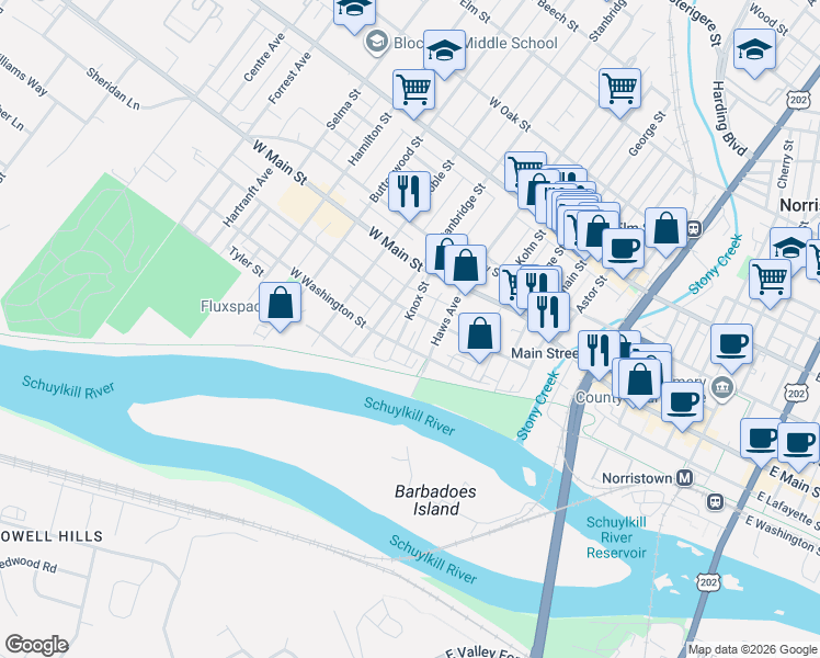 map of restaurants, bars, coffee shops, grocery stores, and more near 115 Haws Avenue in Norristown