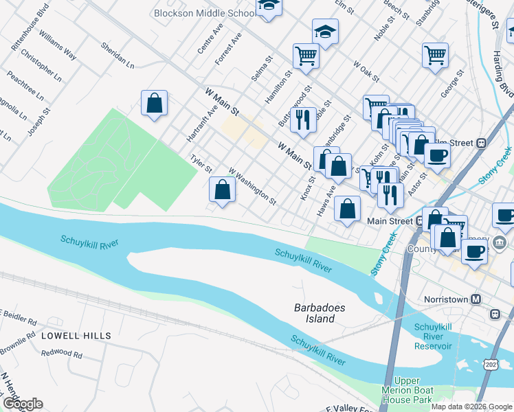 map of restaurants, bars, coffee shops, grocery stores, and more near 15 Roberts Alley in Norristown
