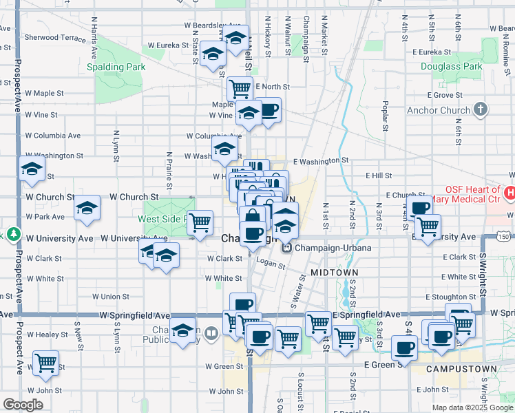 map of restaurants, bars, coffee shops, grocery stores, and more near 204 North Neil Street in Champaign