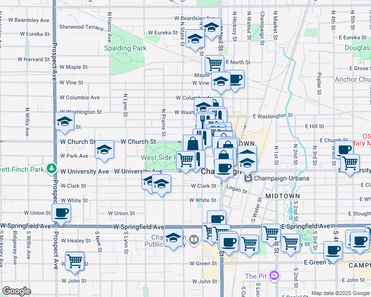 map of restaurants, bars, coffee shops, grocery stores, and more near 222 North State Street in Champaign