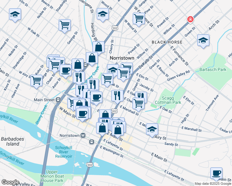 map of restaurants, bars, coffee shops, grocery stores, and more near 49 East Chestnut Street in Norristown