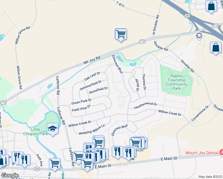 map of restaurants, bars, coffee shops, grocery stores, and more near 5371 Oak Leaf Drive in Mount Joy