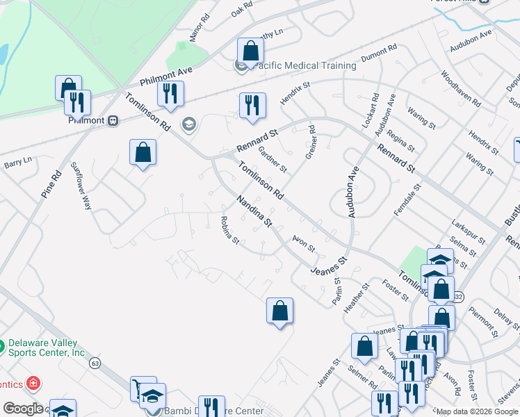 map of restaurants, bars, coffee shops, grocery stores, and more near 237 Nandina Terrace in Philadelphia