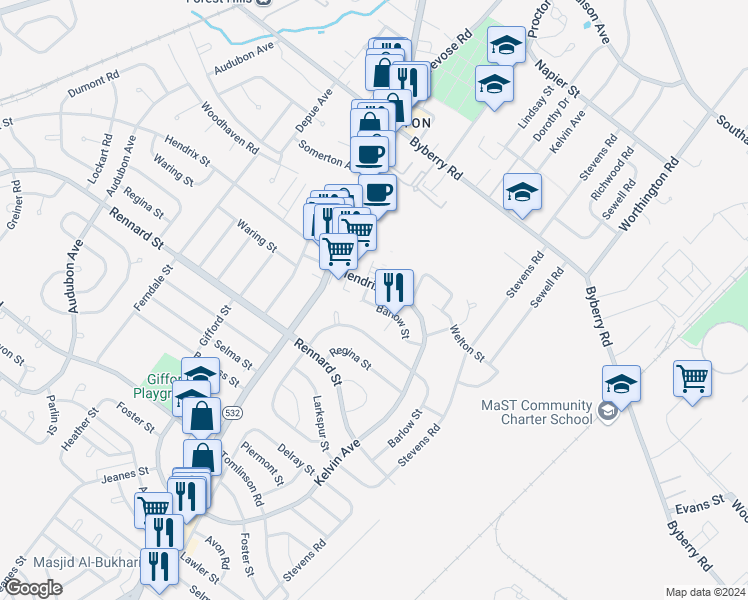 map of restaurants, bars, coffee shops, grocery stores, and more near 821 Barlow Street in Philadelphia