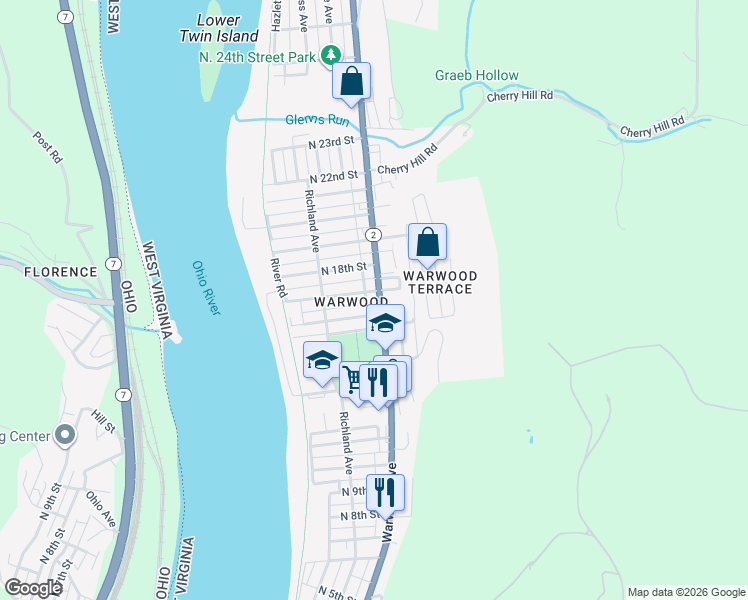 map of restaurants, bars, coffee shops, grocery stores, and more near 1609 Warwood Avenue in Wheeling