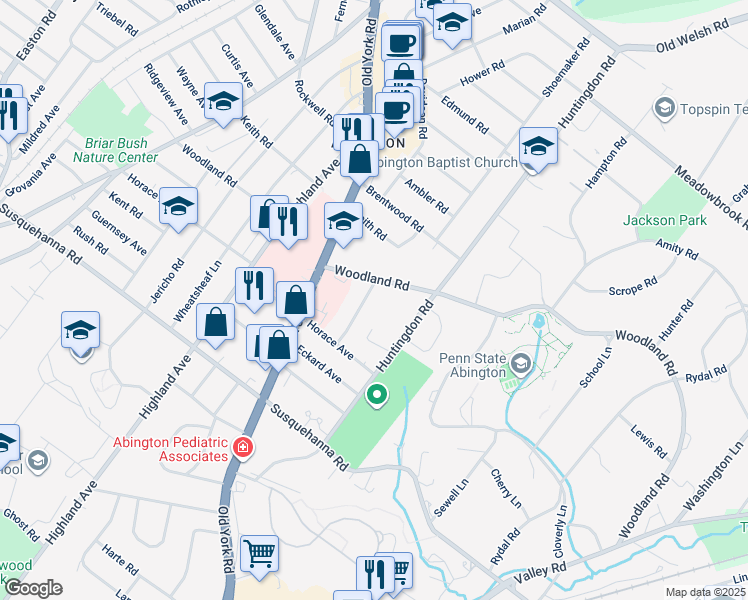 map of restaurants, bars, coffee shops, grocery stores, and more near 1253 Bockius Avenue in Abington