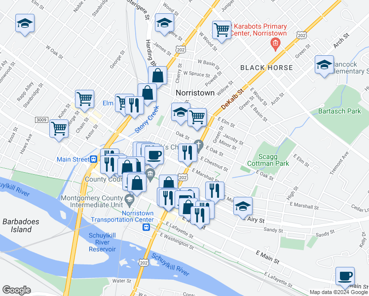 map of restaurants, bars, coffee shops, grocery stores, and more near 45 East Chestnut Street in Norristown