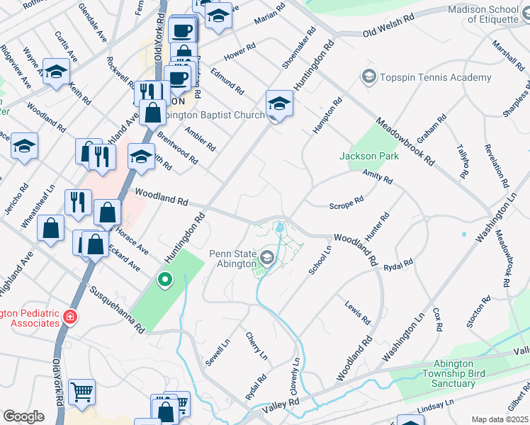 map of restaurants, bars, coffee shops, grocery stores, and more near 1677 Woodland Road in Montgomery County