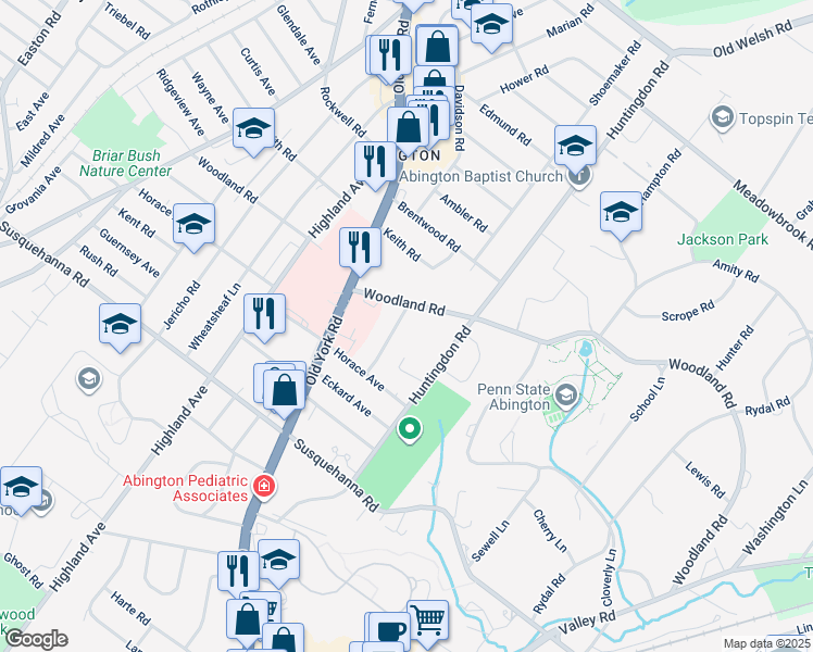 map of restaurants, bars, coffee shops, grocery stores, and more near 1253 Bockius Avenue in Abington