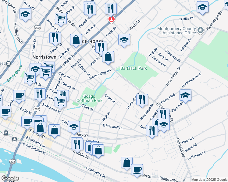 map of restaurants, bars, coffee shops, grocery stores, and more near 509 East Basin Street in Norristown