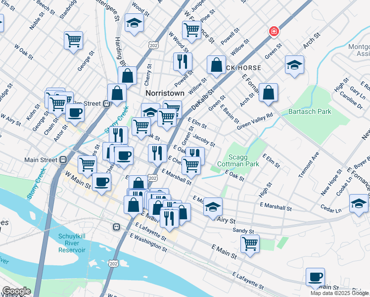 map of restaurants, bars, coffee shops, grocery stores, and more near 804 Green Street in Norristown