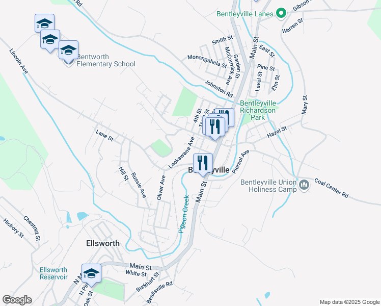 map of restaurants, bars, coffee shops, grocery stores, and more near 112 Lincoln Avenue in Bentleyville