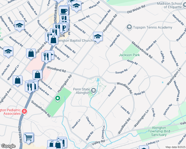 map of restaurants, bars, coffee shops, grocery stores, and more near 1677 Woodland Road in Montgomery County