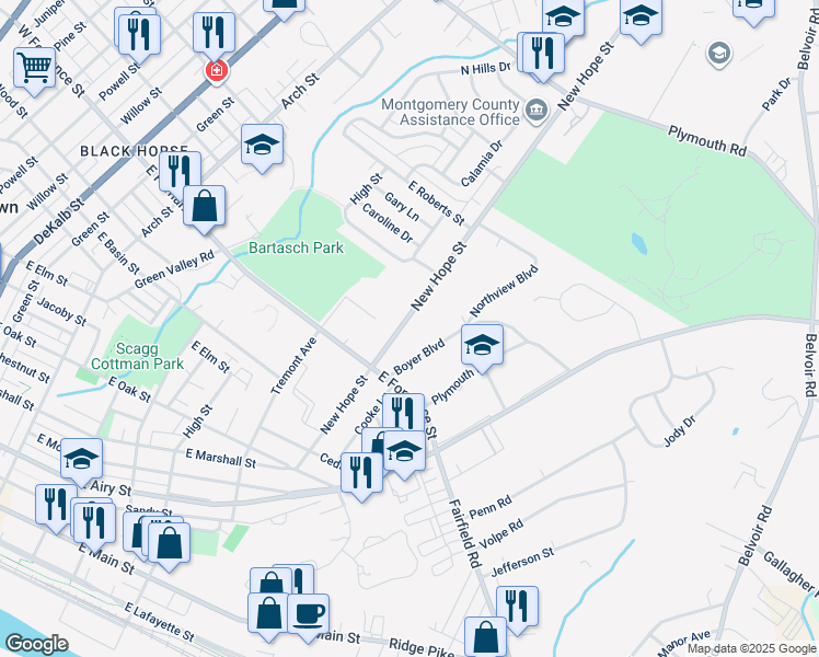 map of restaurants, bars, coffee shops, grocery stores, and more near 1408 New Hope Street in Norristown