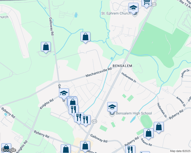 map of restaurants, bars, coffee shops, grocery stores, and more near 4065 Mechanicsville Road in Bensalem
