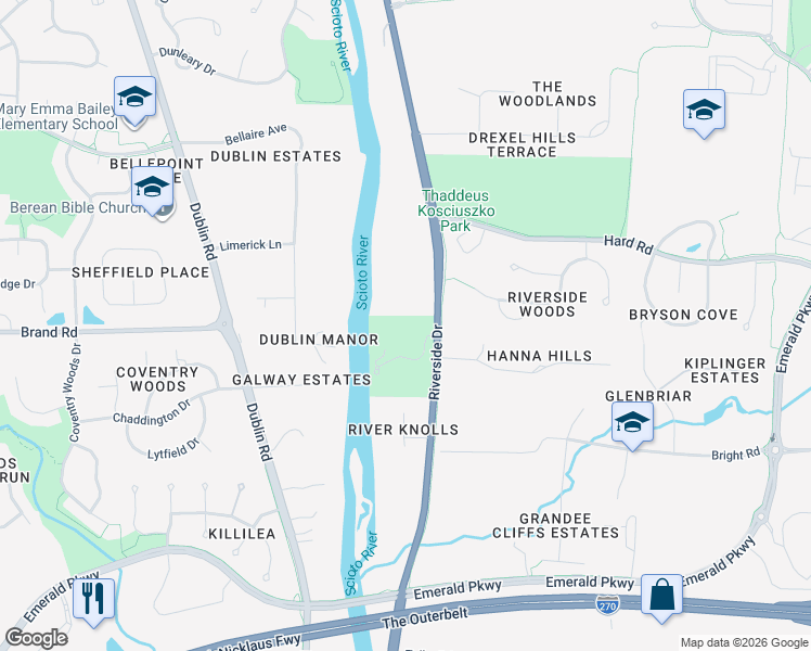 map of restaurants, bars, coffee shops, grocery stores, and more near 7377 Riverside Drive in Powell