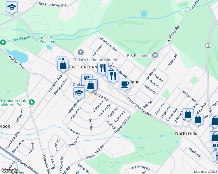 map of restaurants, bars, coffee shops, grocery stores, and more near 1300 Pennsylvania Avenue in Oreland