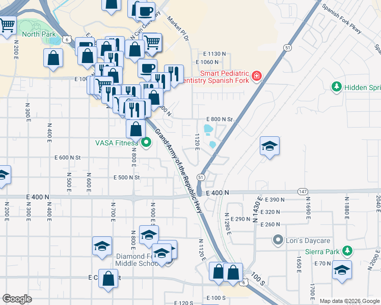 map of restaurants, bars, coffee shops, grocery stores, and more near 1074 East 660 North in Spanish Fork