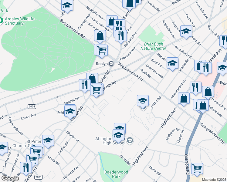 map of restaurants, bars, coffee shops, grocery stores, and more near 2185 Schaeffer Road in Abington