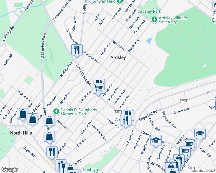 map of restaurants, bars, coffee shops, grocery stores, and more near 640 Hamel Avenue in Glenside