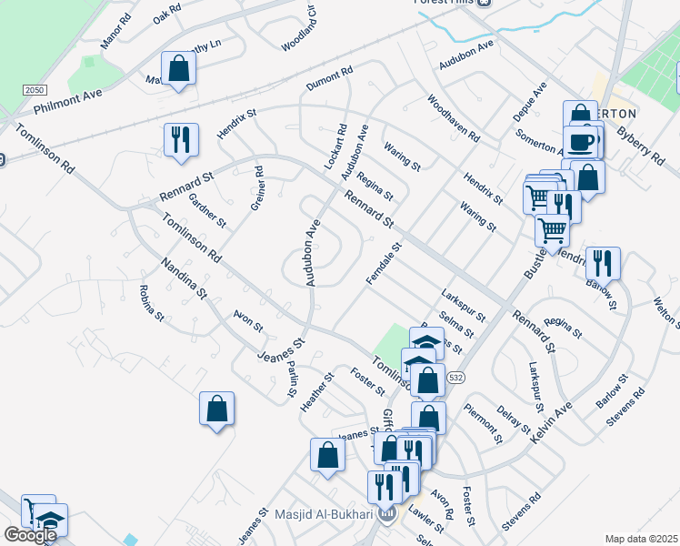 map of restaurants, bars, coffee shops, grocery stores, and more near 11206 Jeanes Street in Philadelphia