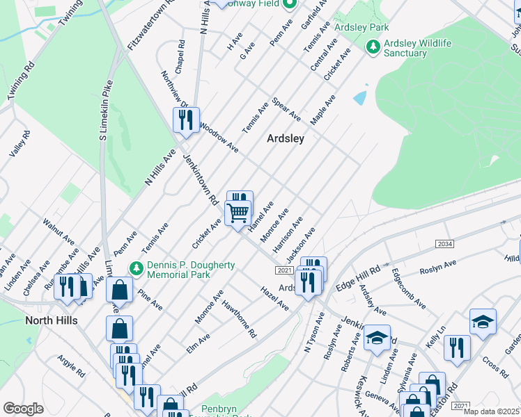 map of restaurants, bars, coffee shops, grocery stores, and more near 640 Hamel Avenue in Glenside