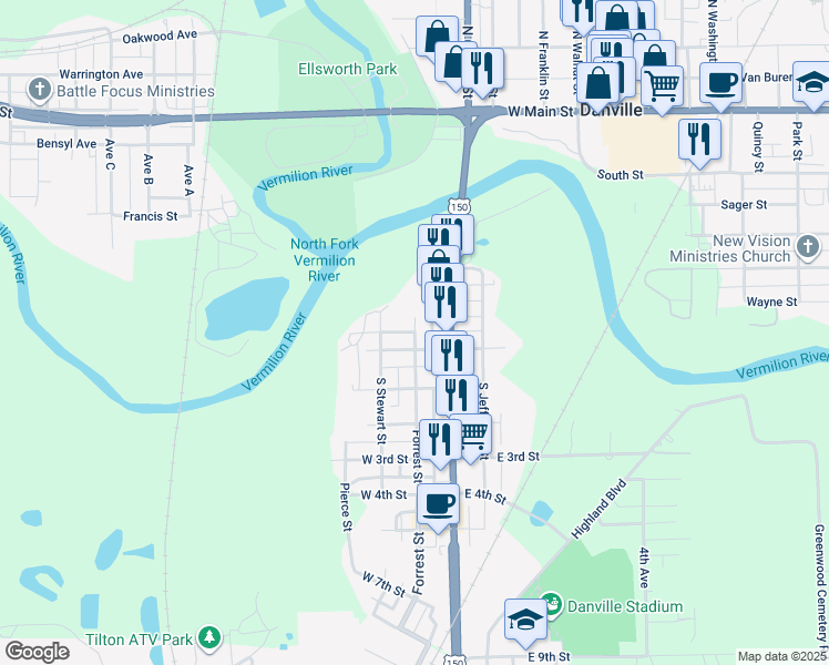 map of restaurants, bars, coffee shops, grocery stores, and more near 100 Forrest Street in Danville